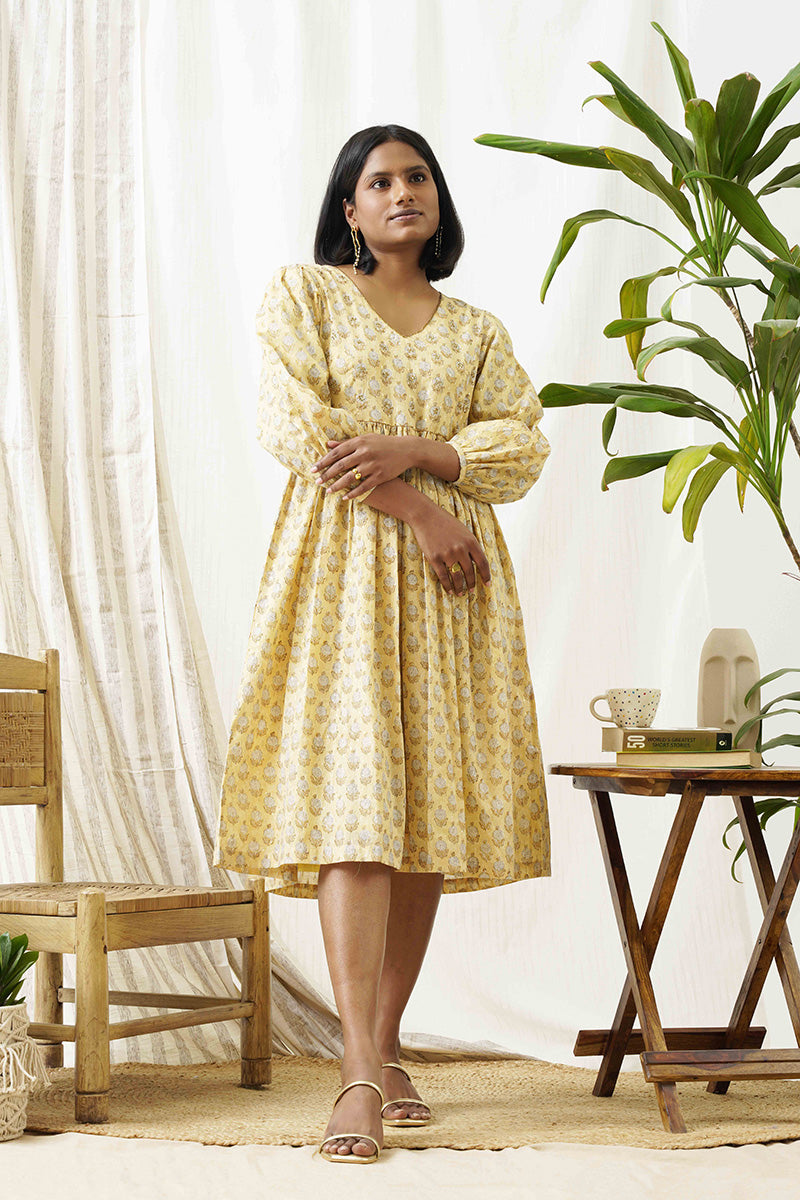 Yellow Block Print Dress with Beadwork