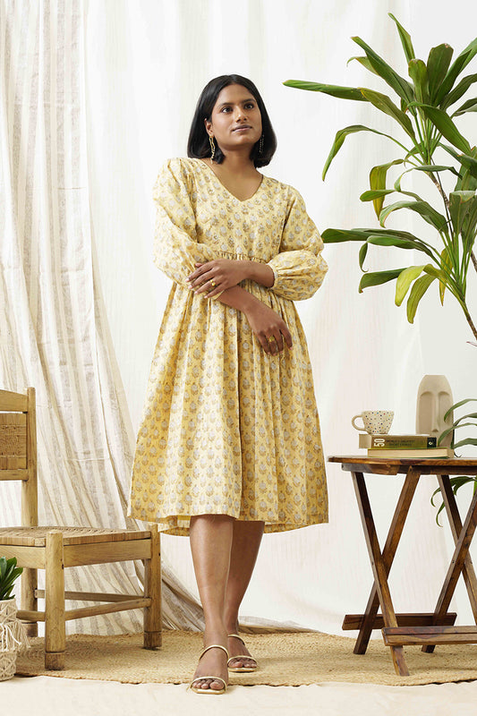 Yellow Block Print Dress with Beadwork