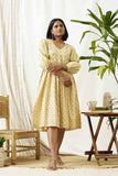 Yellow Block Print Dress with Beadwork
