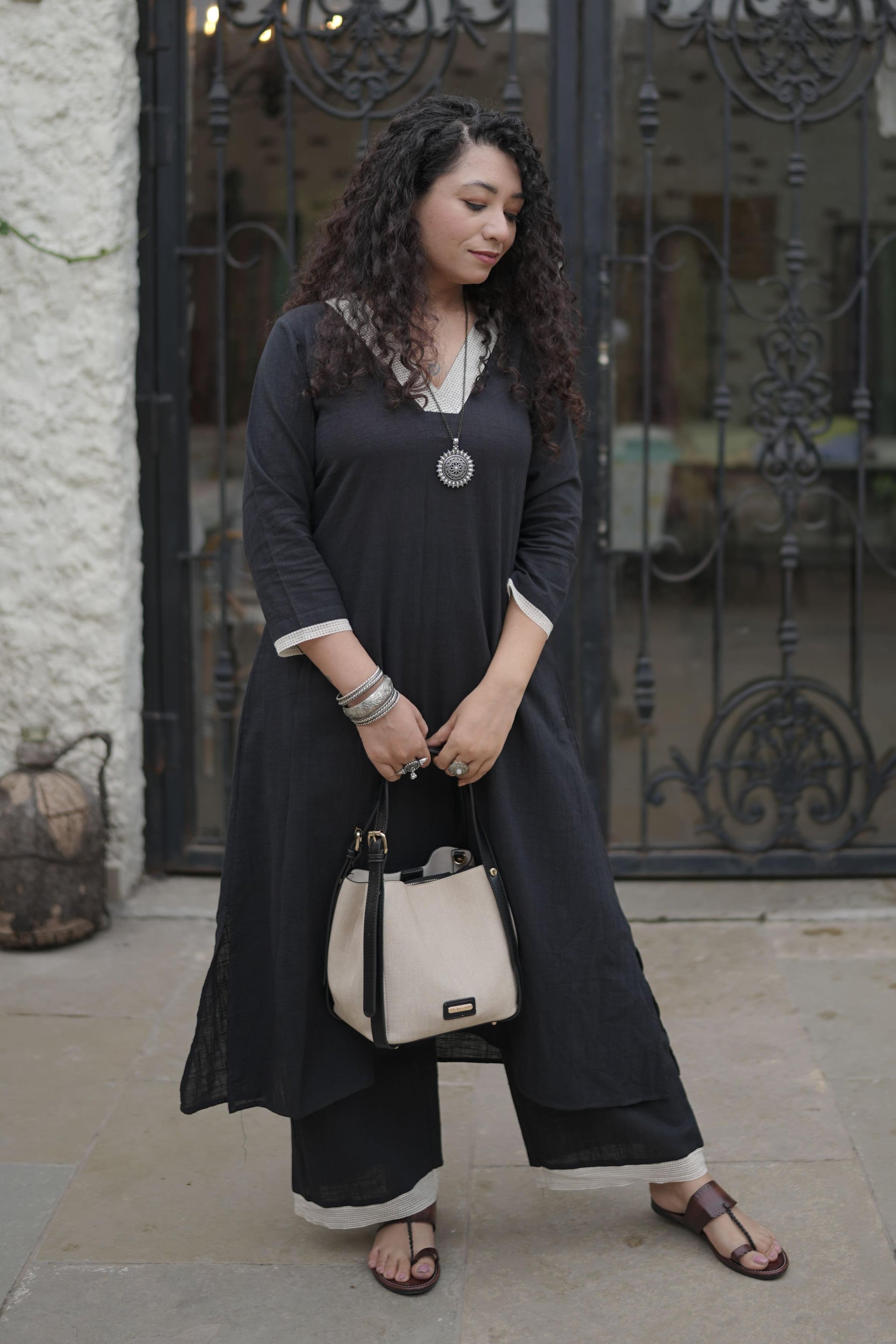Black cotton Cord-Set with lace work