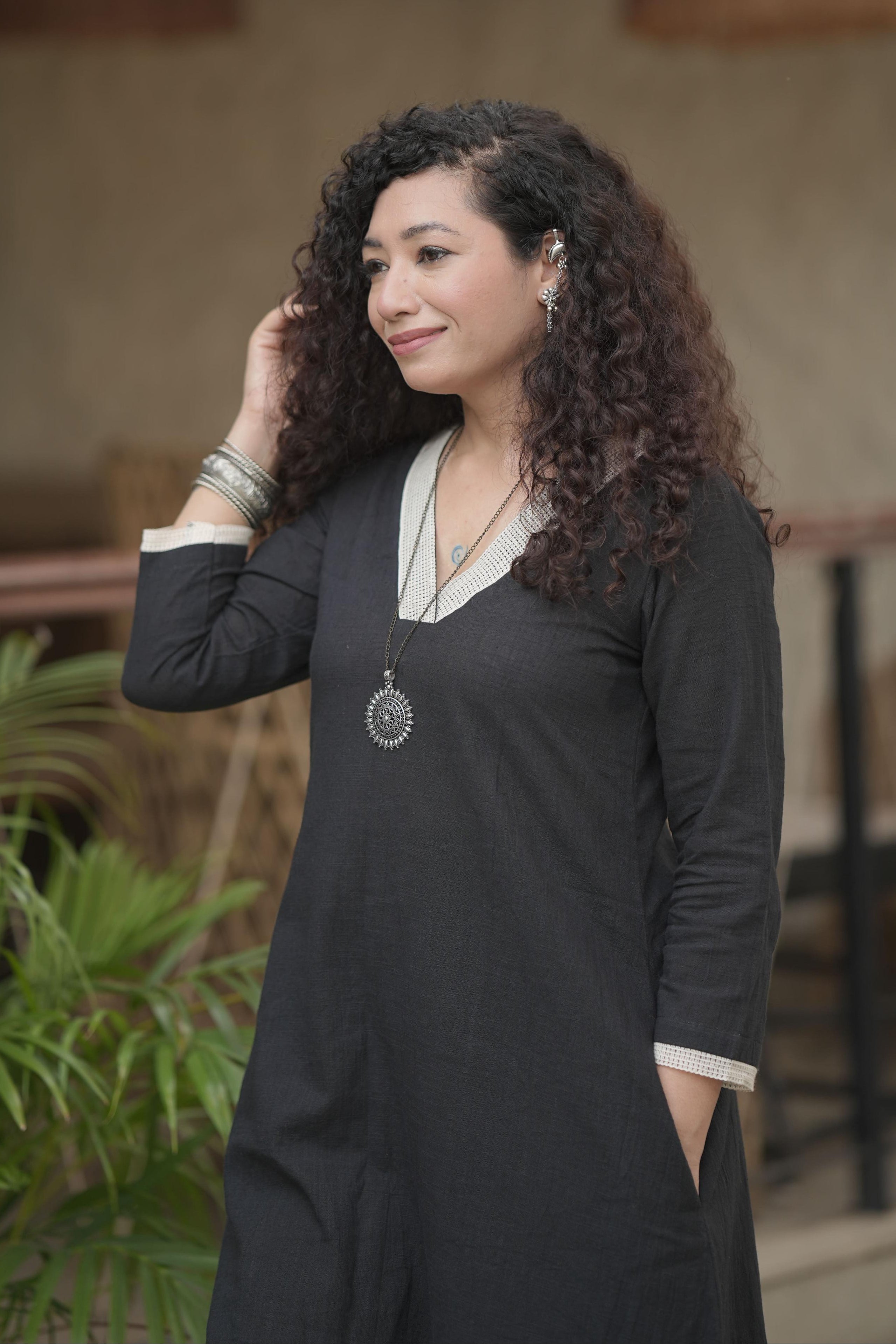 Black cotton Cord-Set with lace work