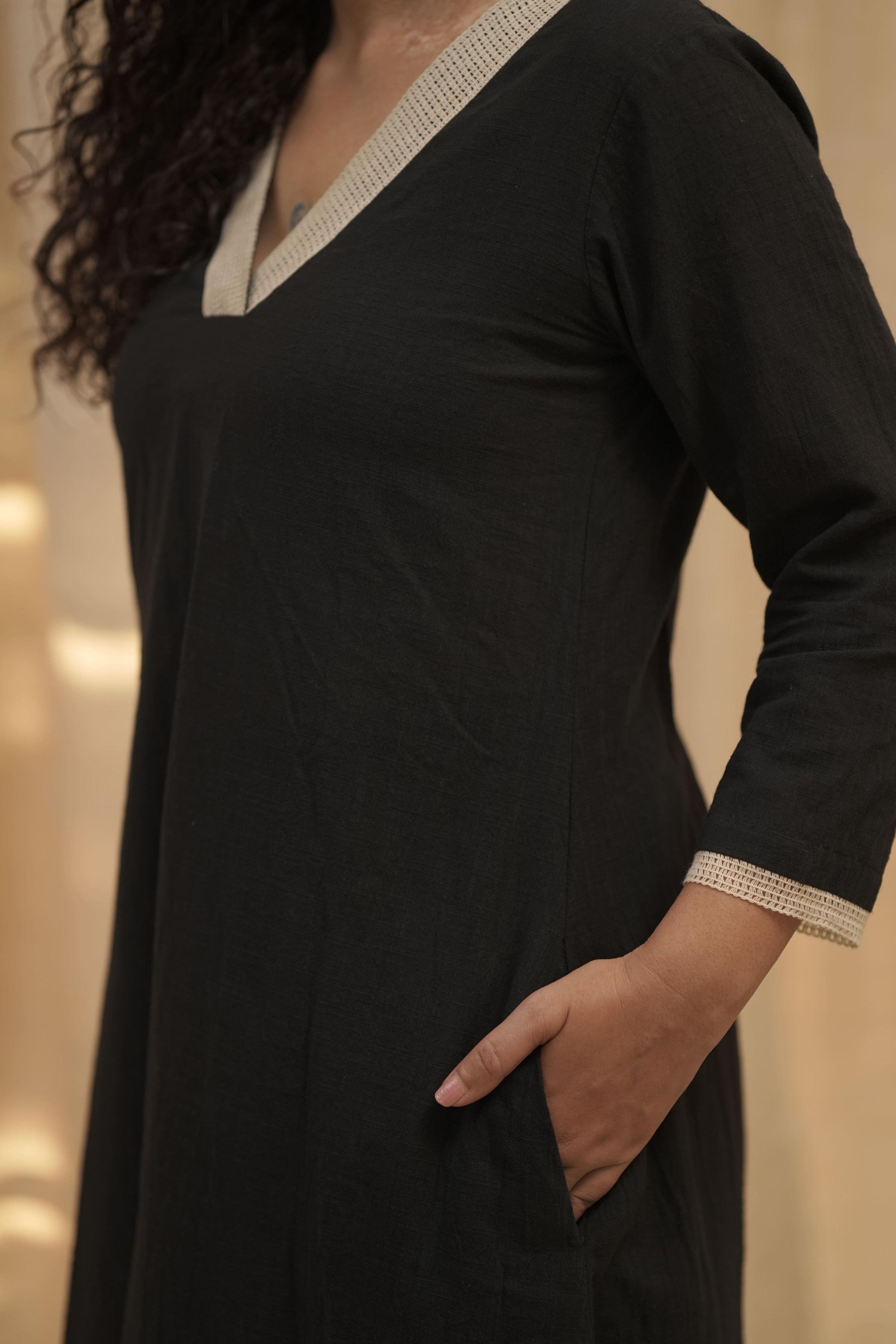 Black cotton Cord-Set with lace work