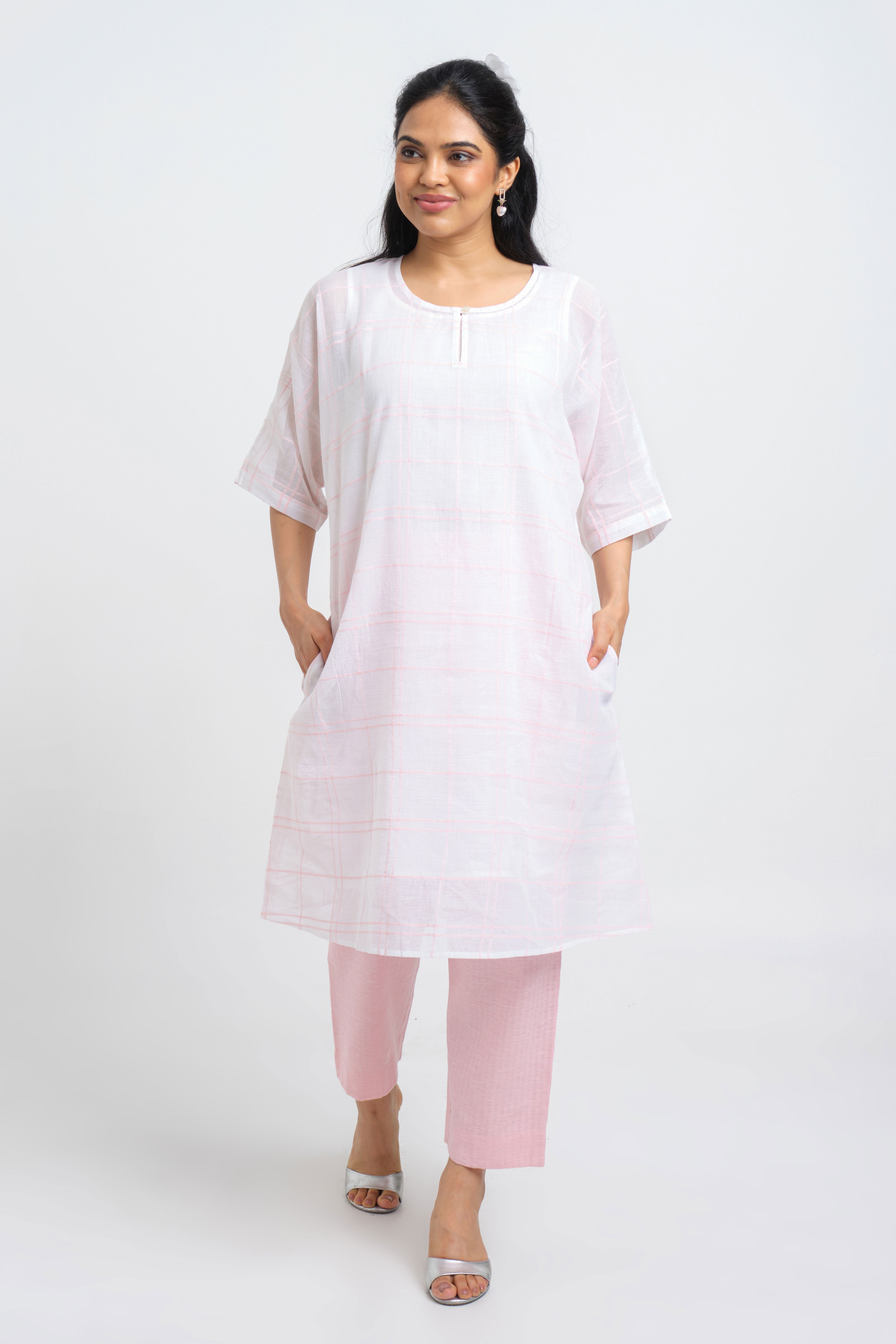 Pink & White Handloom Checks Kurta With Slip