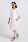 Pink & White Handloom Checks Kurta With Slip