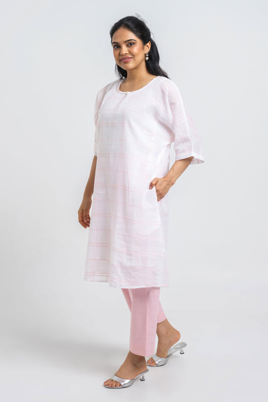 Pink & White Handloom Checks Kurta Set With Slip