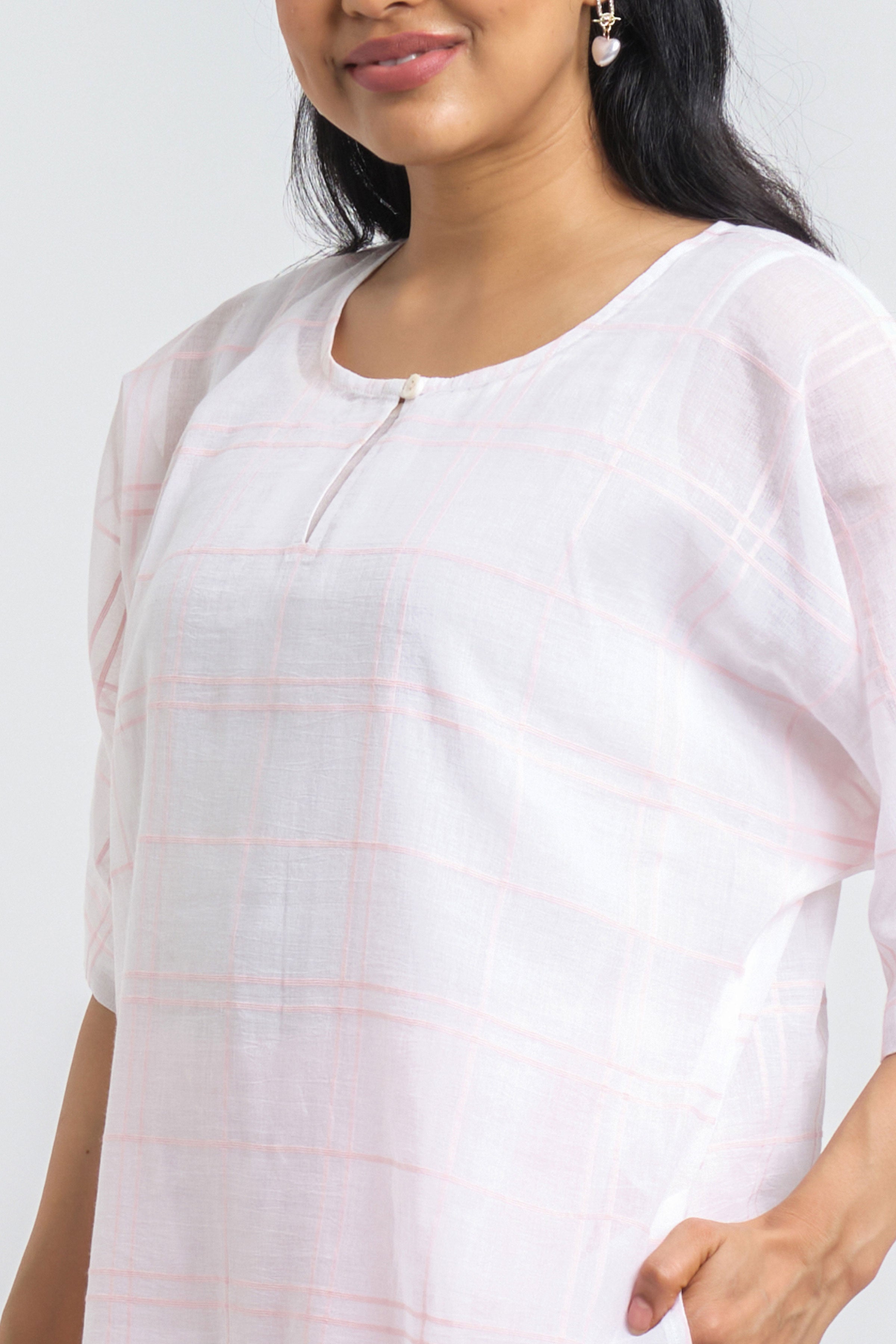 Pink & White Handloom Checks Kurta With Slip