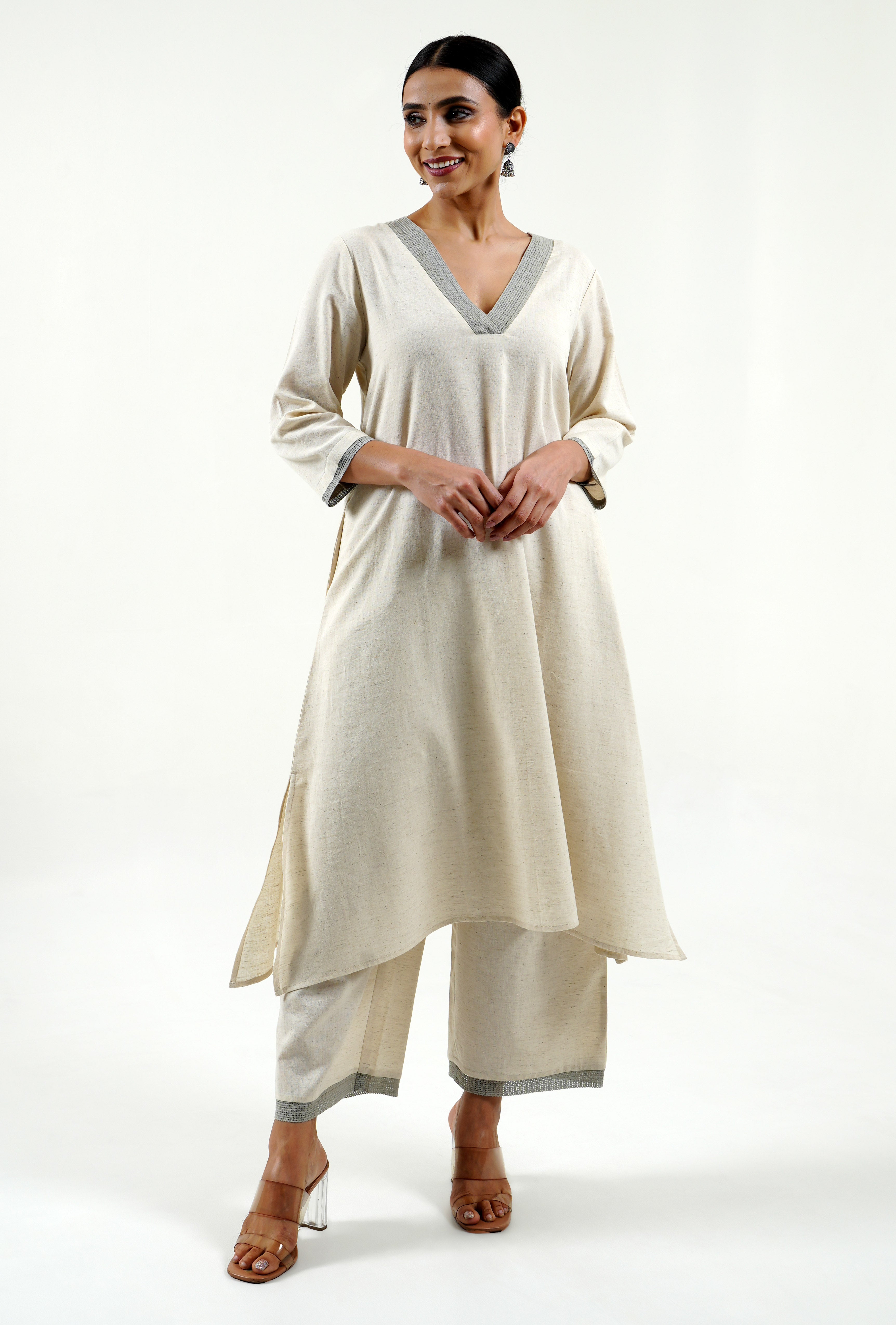 Ivory cotton linen kurta with lace work