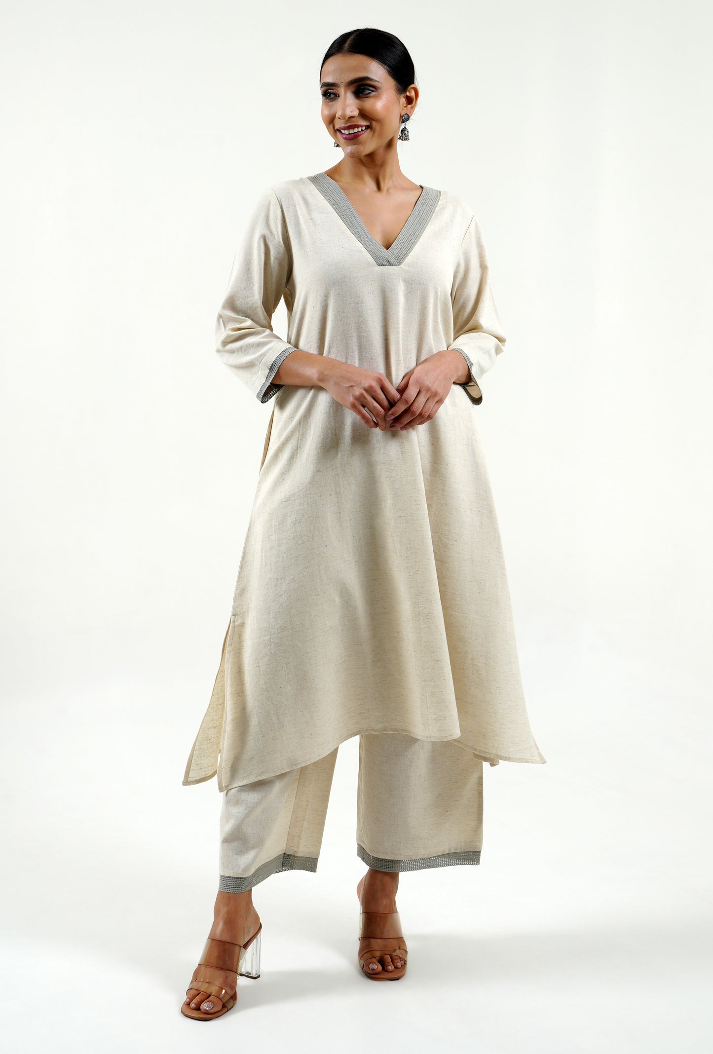 Ivory cotton linen kurta with lace work