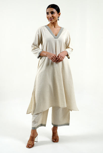 Ivory cotton linen kurta with lace work