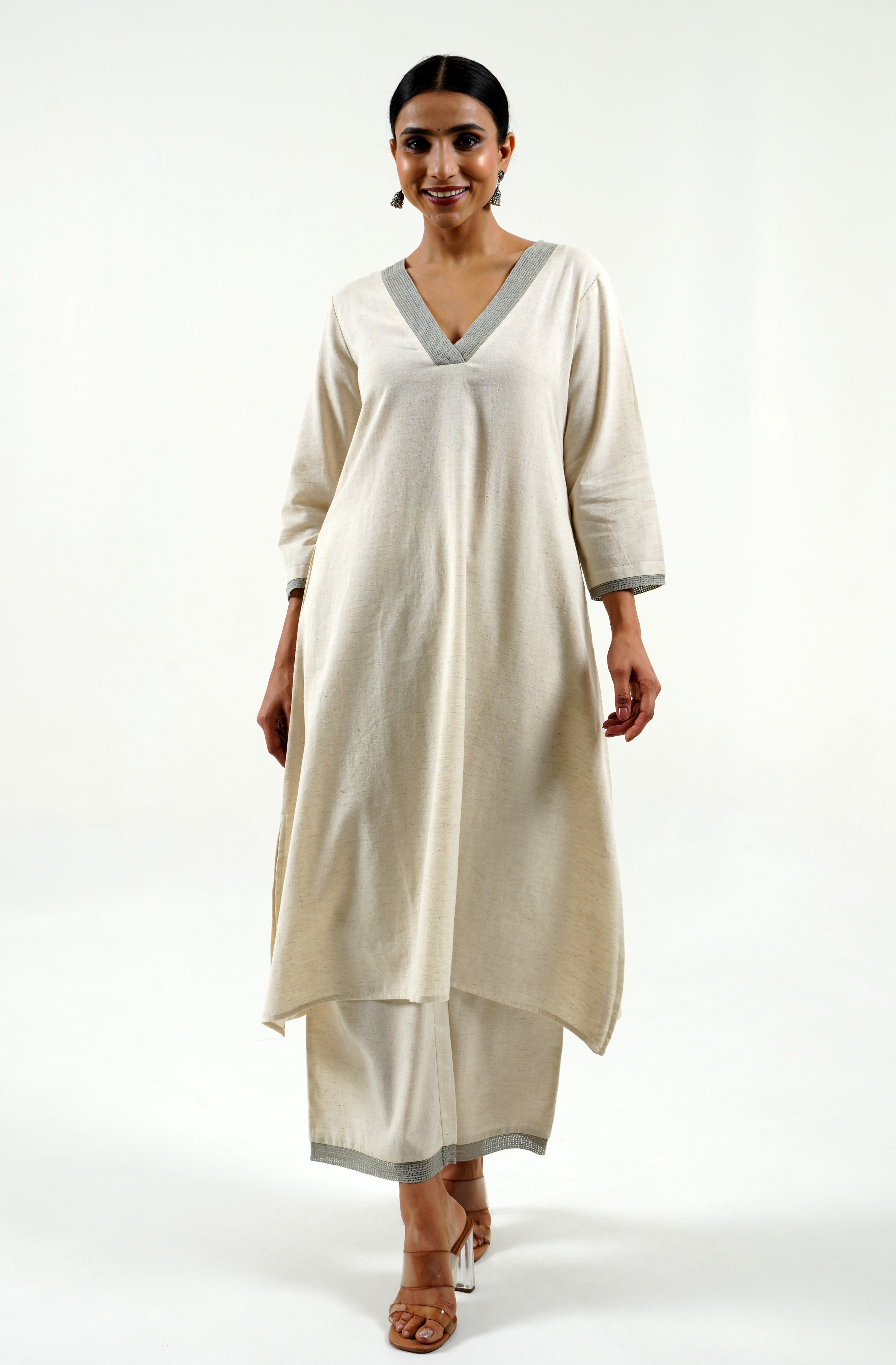 Ivory cotton linen kurta with lace work