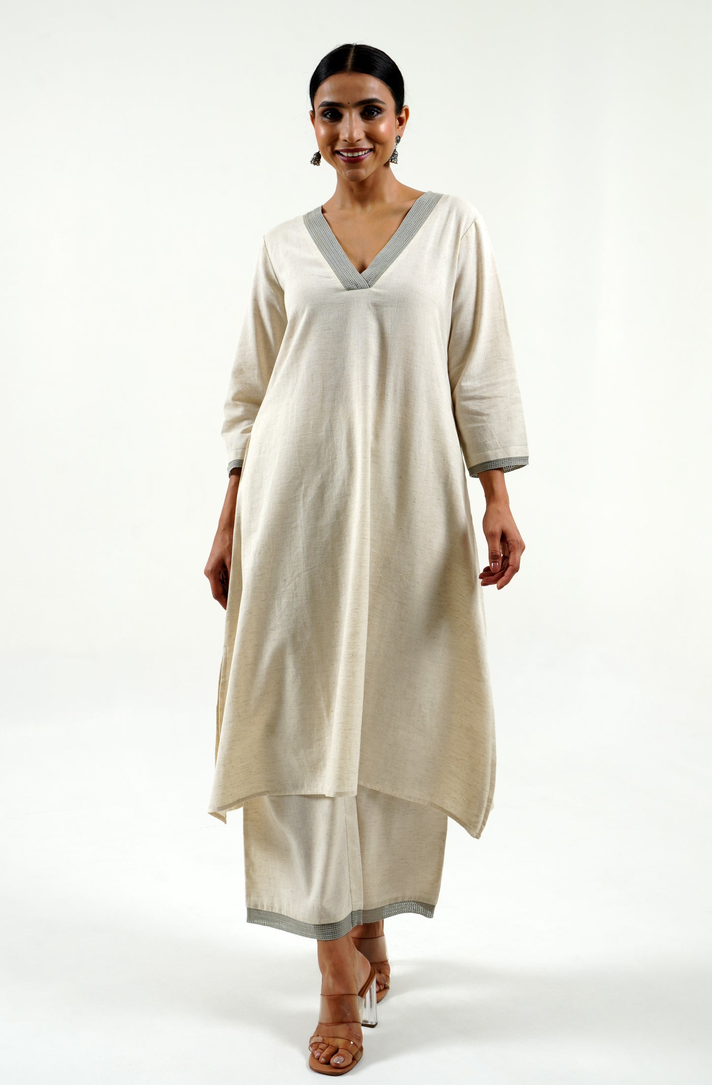 Ivory cotton linen kurta with lace work