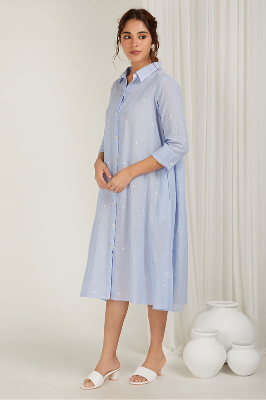 Embroidered Pin-Stripes Shirt Dress (with slip) - Cyan India