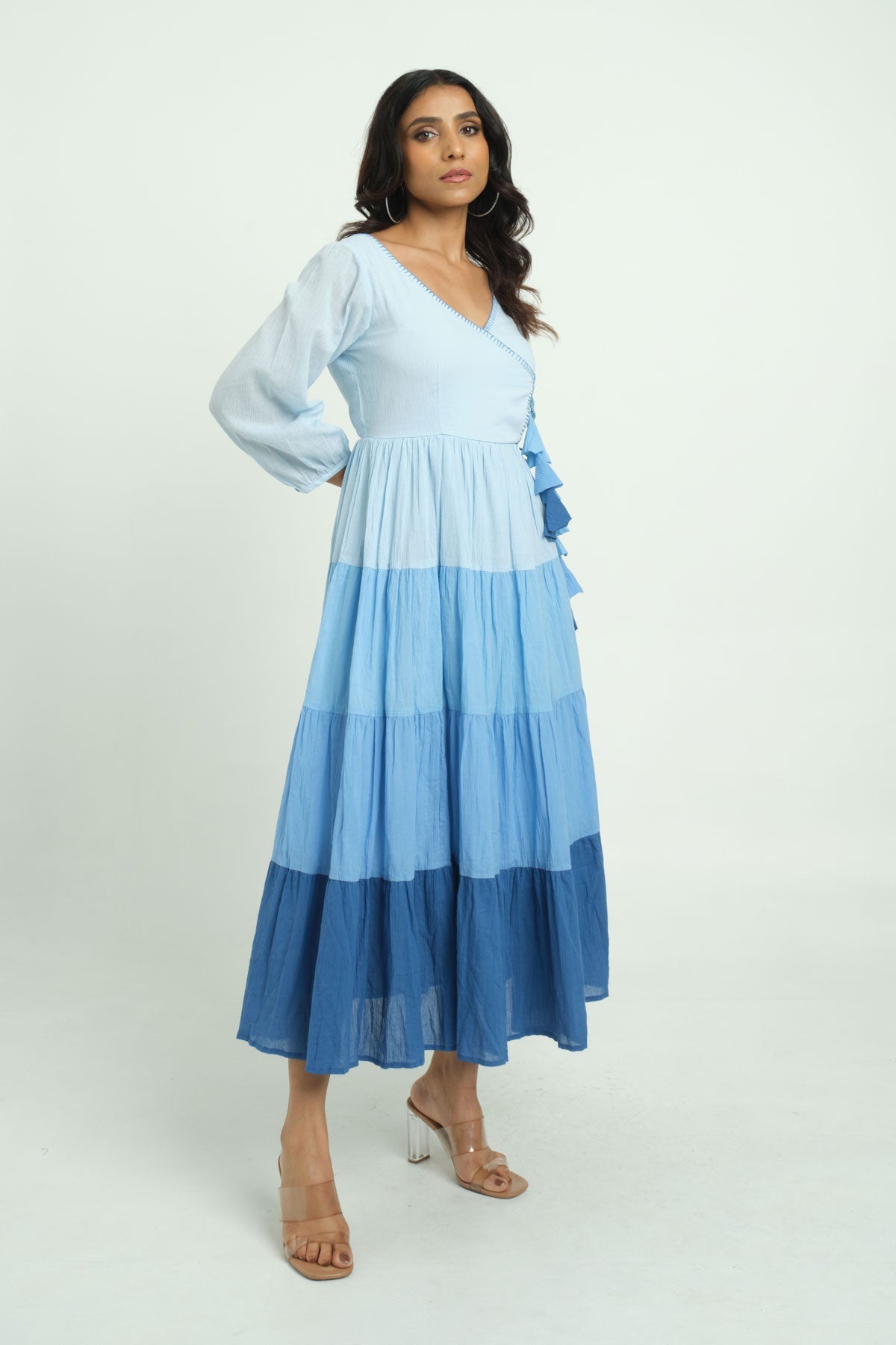 Embroidered Pinstriped Dress - Cyan India