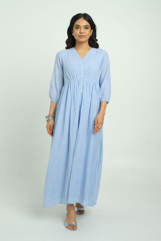 Embroidered Pinstriped Dress - Cyan India