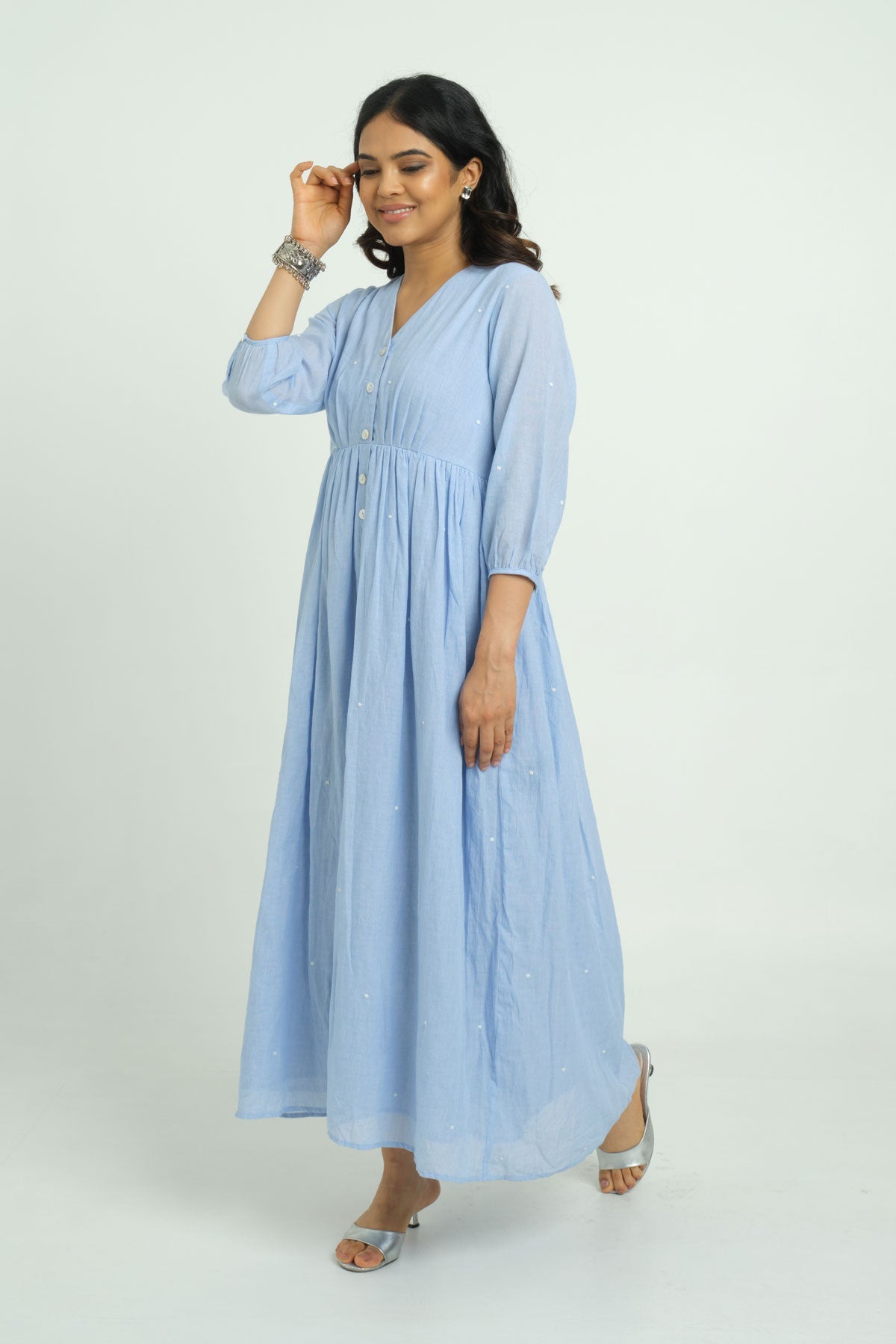 Embroidered Pinstriped Dress - Cyan India