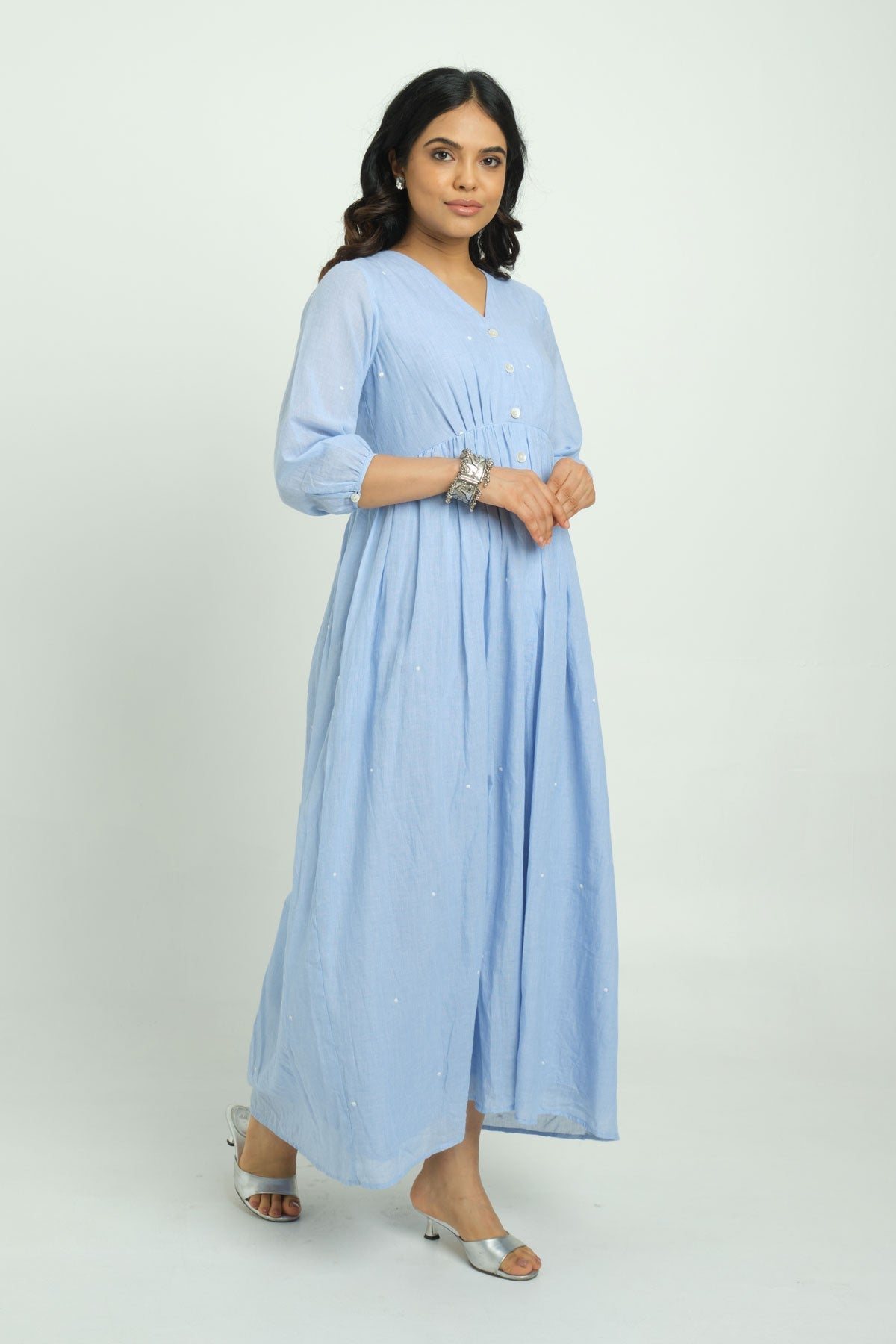 Embroidered Pinstriped Dress - Cyan India