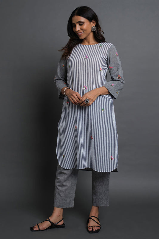 Embroidered Stripes Kurta Set - Cyan India