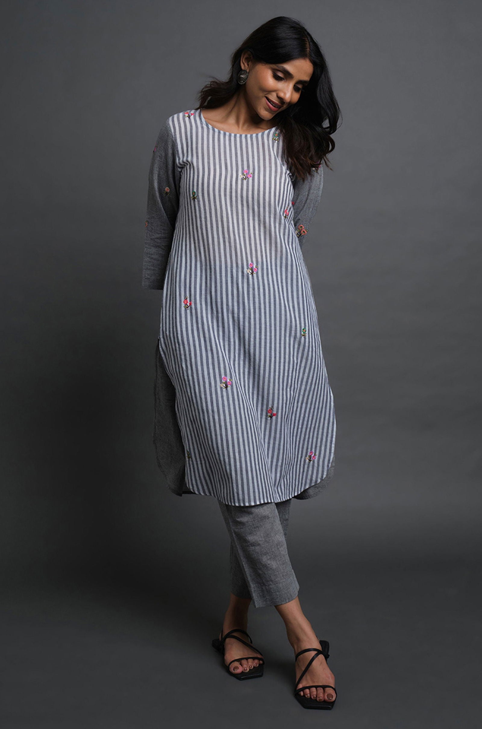 Embroidered Stripes Kurta Set - Cyan India