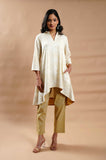 Floral Block Print Cotton Linen Tunic with Handloom Pants - Cyan India