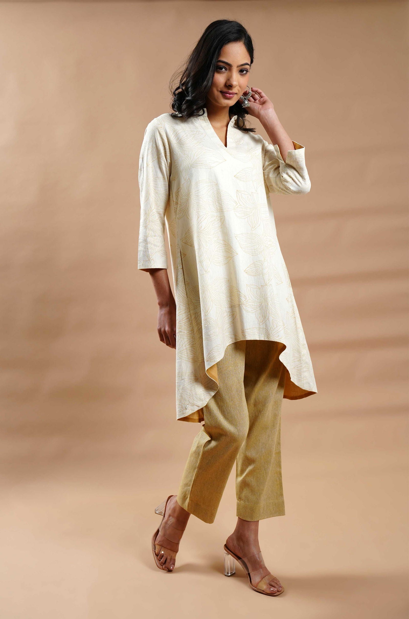 Floral Block Print Cotton Linen Tunic with Handloom Pants - Cyan India