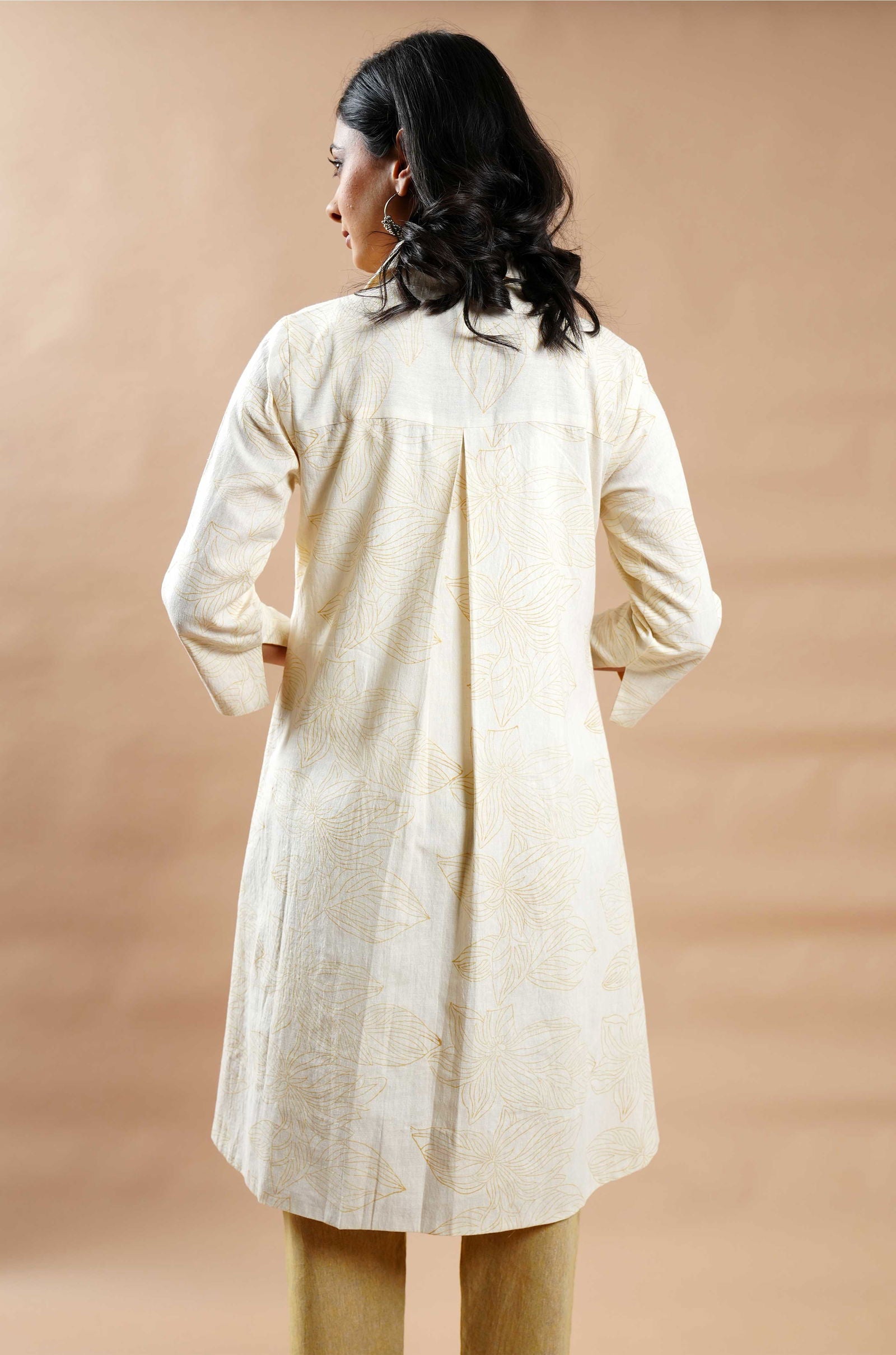 Floral Block Print Cotton Linen Tunic with Handloom Pants - Cyan India
