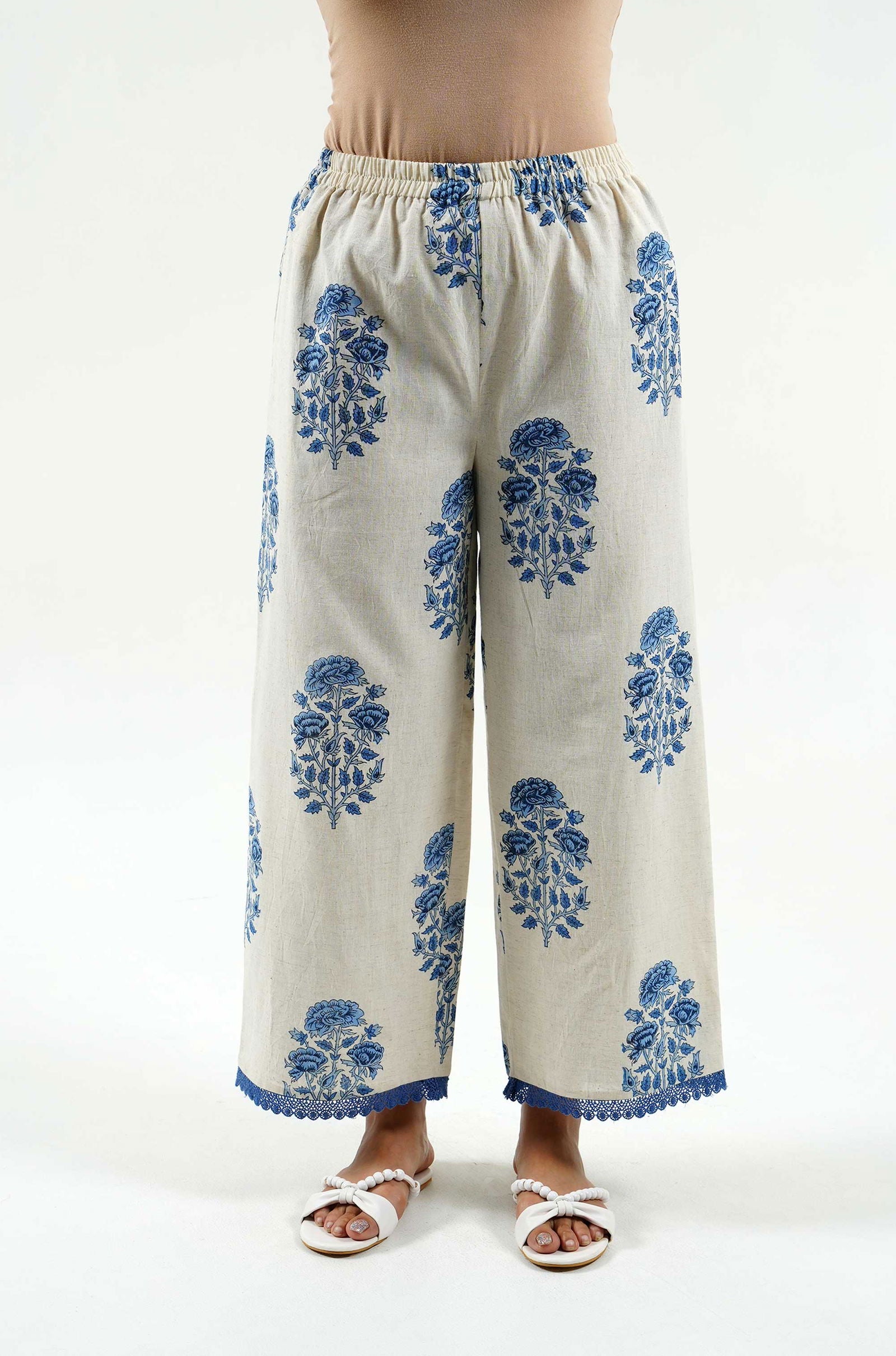 Floral Block Print Palazzo - Cyan India