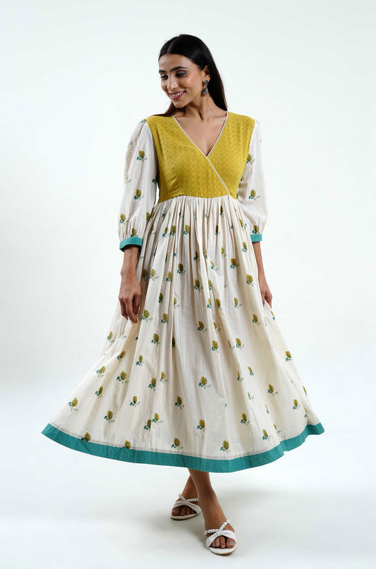 Fresh Roses Hand Block Printed Dress - Cyan India