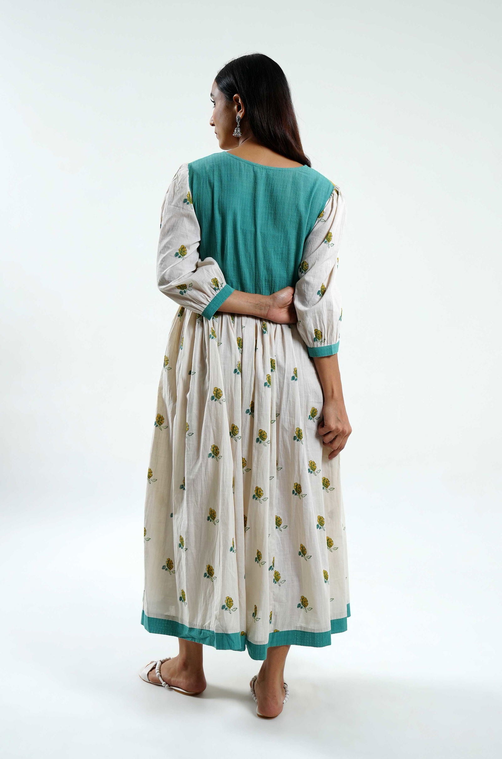 Fresh Roses Hand Block Printed Dress - Cyan India