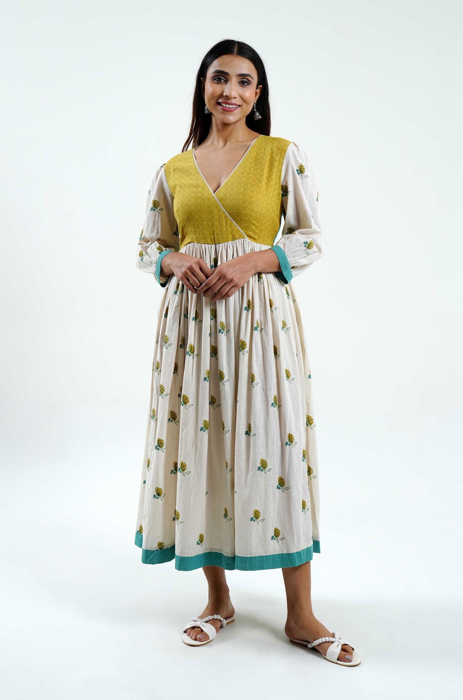 Fresh Roses Hand Block Printed Dress - Cyan India