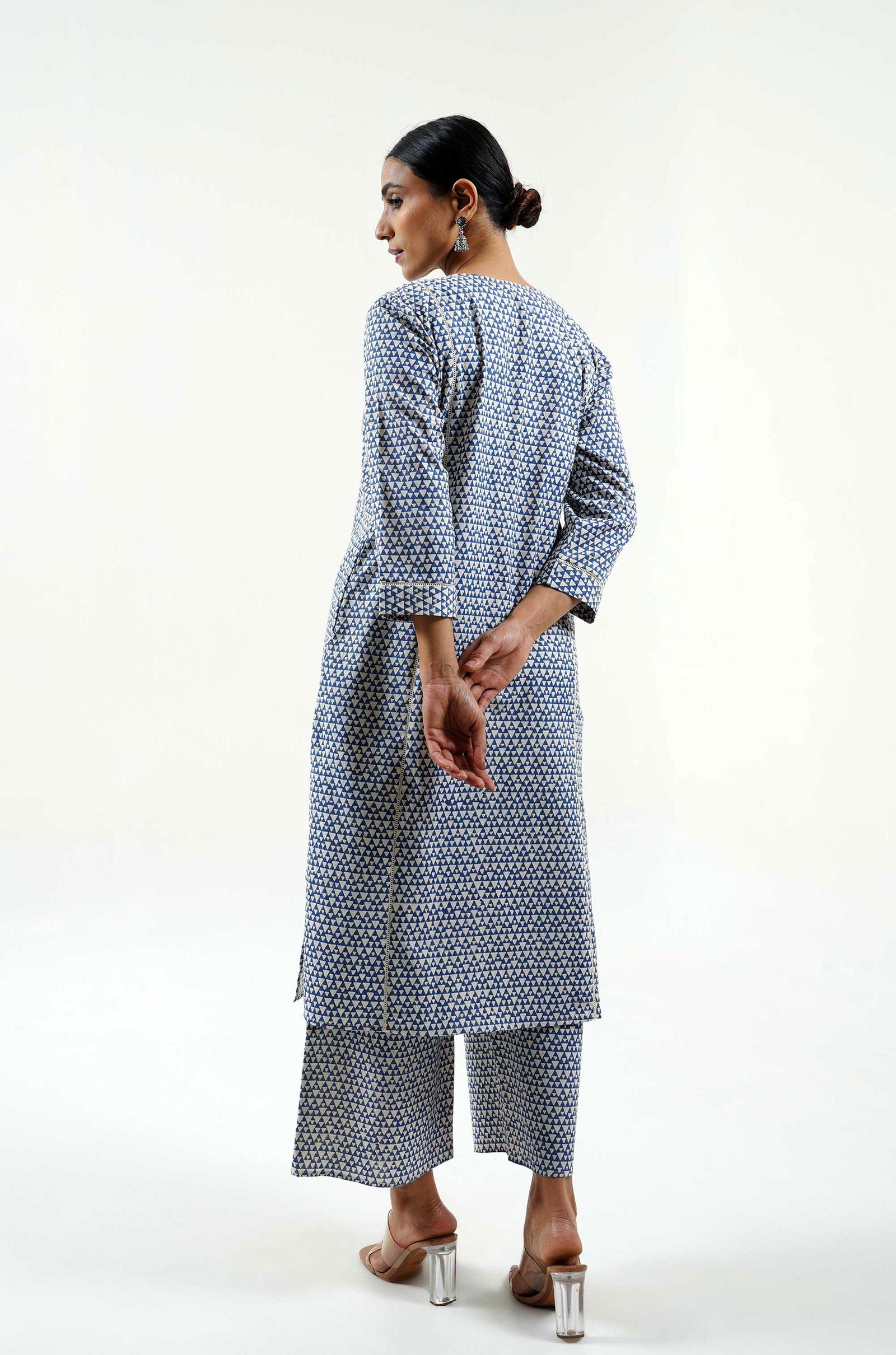 Geo Hand Block Print Cotton-Linen Cord Set - Cyan India