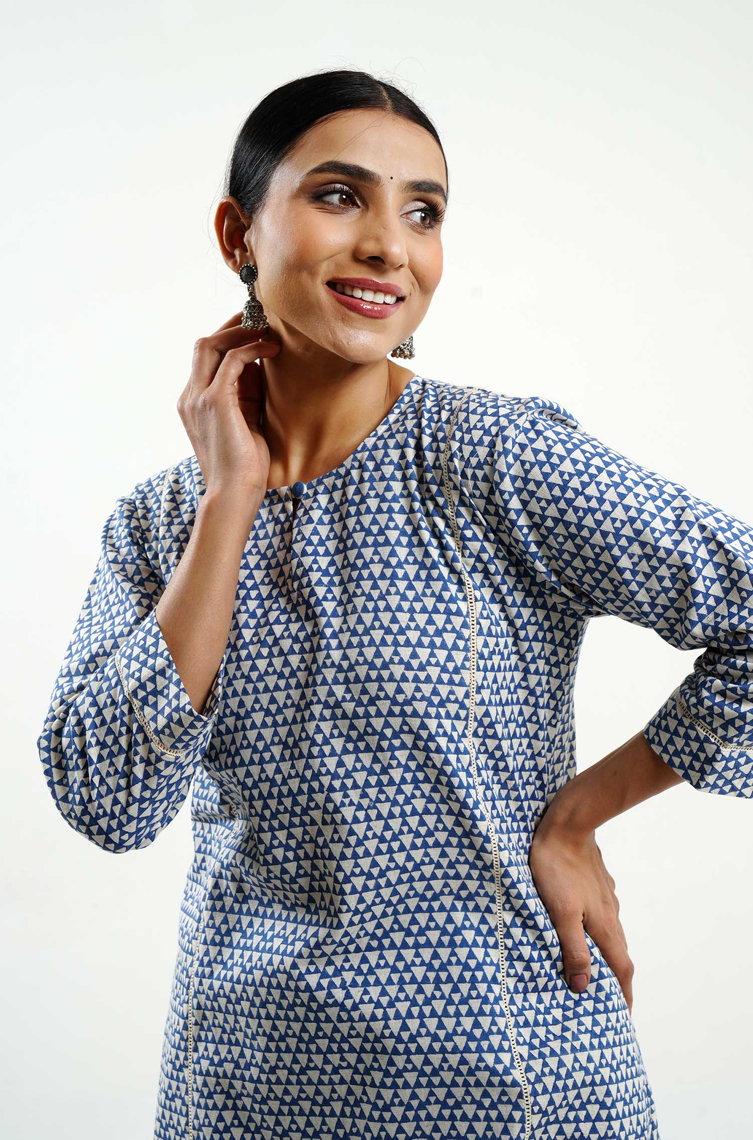 Geo Hand Block Print Cotton-Linen Cord Set - Cyan India