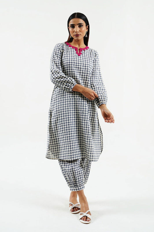 Geo hand-block print cotton-linen kurta - Cyan India