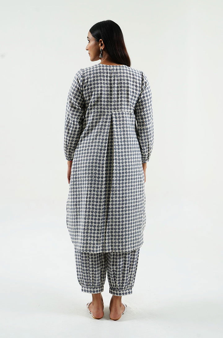 Geo hand-block print cotton-linen kurta - Cyan India
