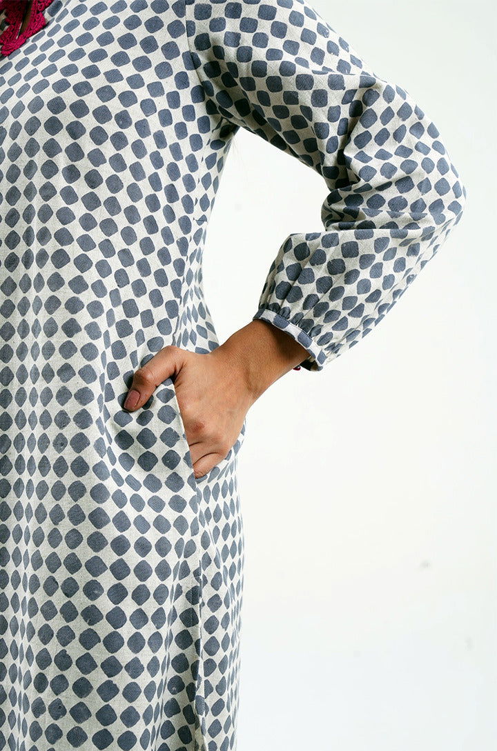 Geo hand-block print cotton-linen kurta - Cyan India