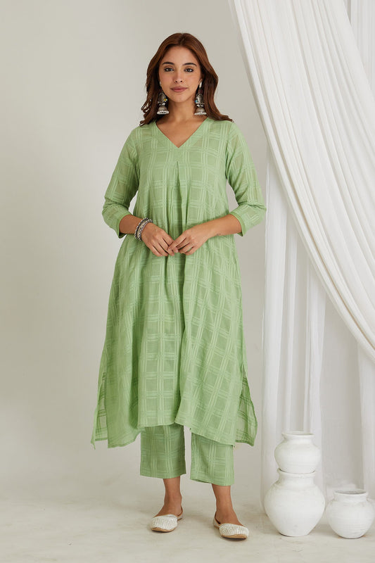 Green Checkered Cord-Set with Slip - Cyan India