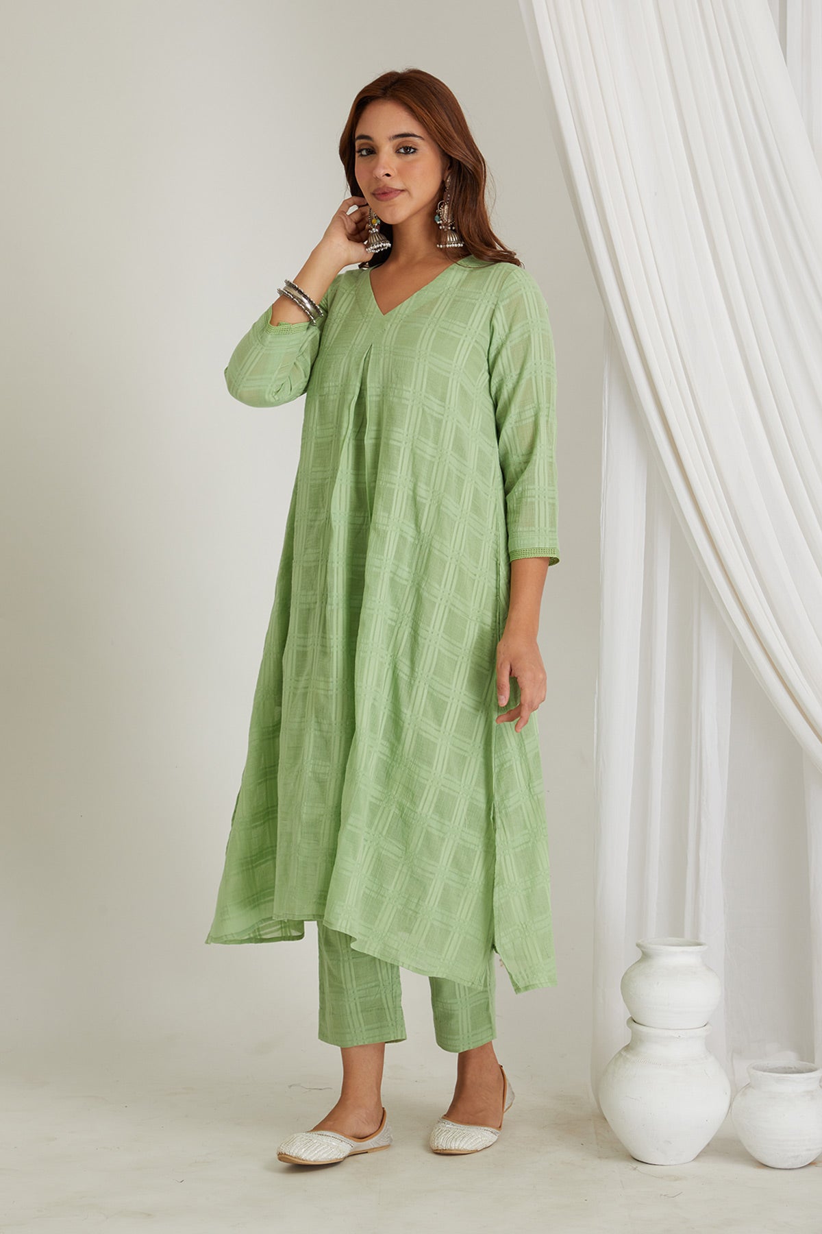 Green Checkered Cord-Set with Slip - Cyan India