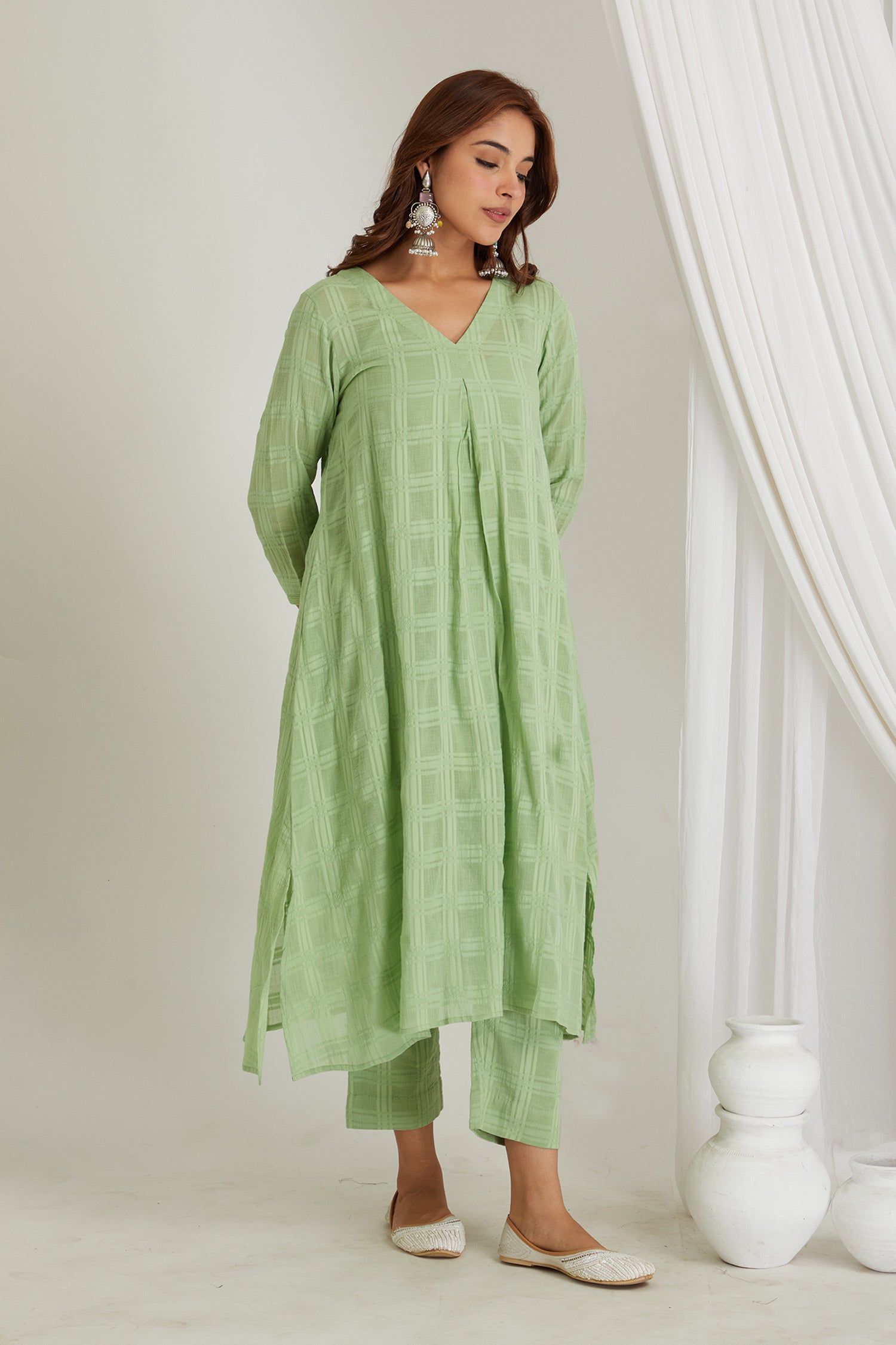 Green Checkered Cord-Set with Slip - Cyan India