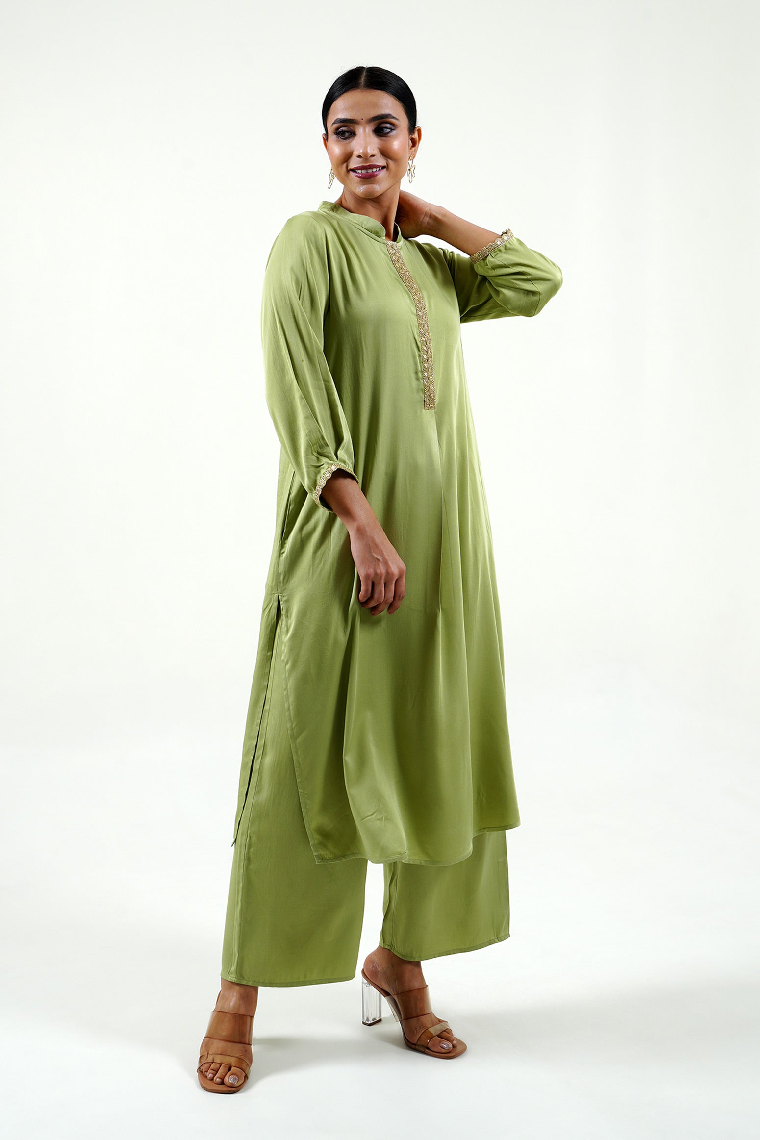 Green Modal Satin Set - Cyan India