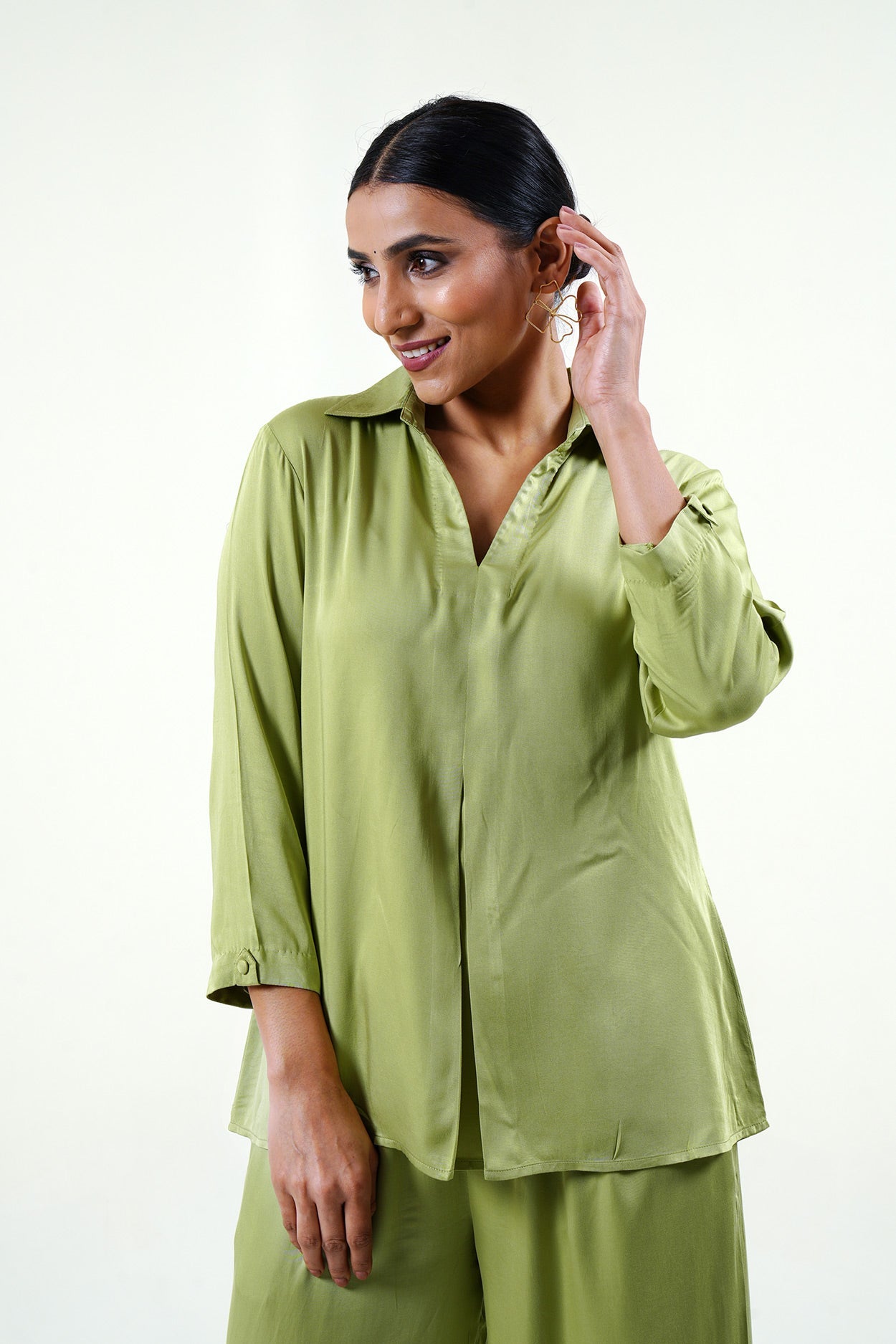 Green Modal Satin Shirt - Cyan India