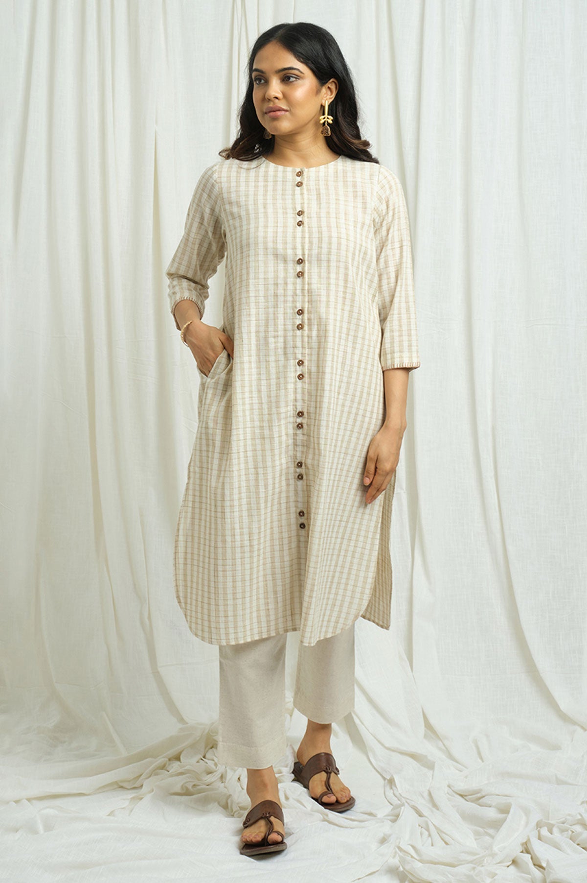 Handloom Checkered Kurta with Cotton Linen Pants - Cyan India