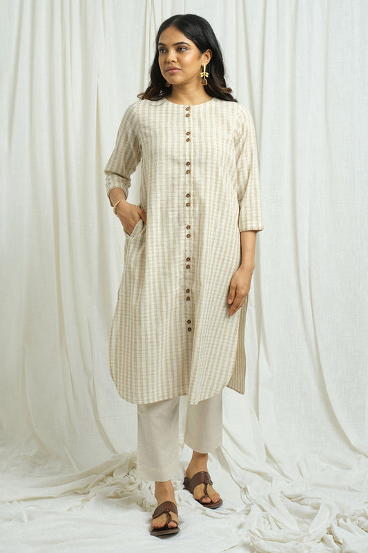 Handloom Checkered Kurta with Embroidery - Cyan India