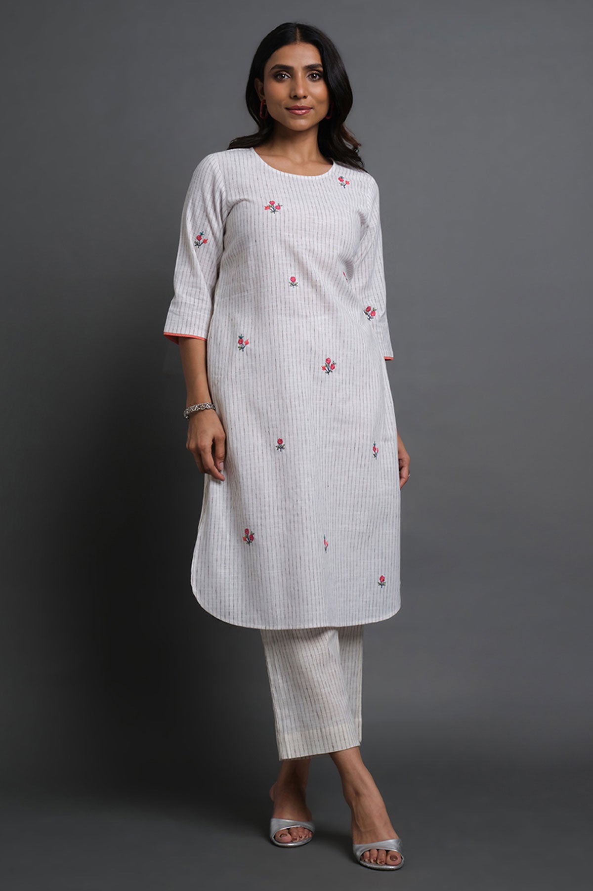Handloom Stripes Embroidered Kurta - Cyan India