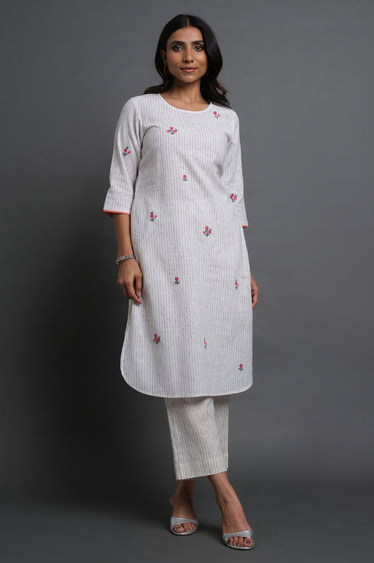 Handloom Stripes Embroidered Kurta - Cyan India