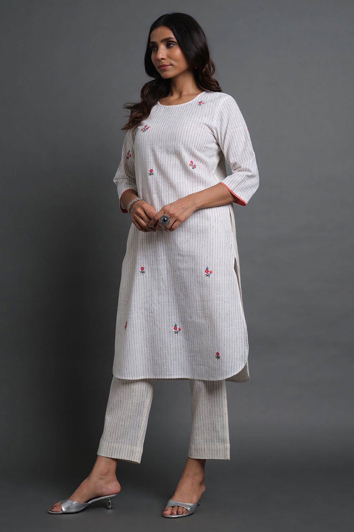 Handloom Stripes Embroidered Kurta - Cyan India
