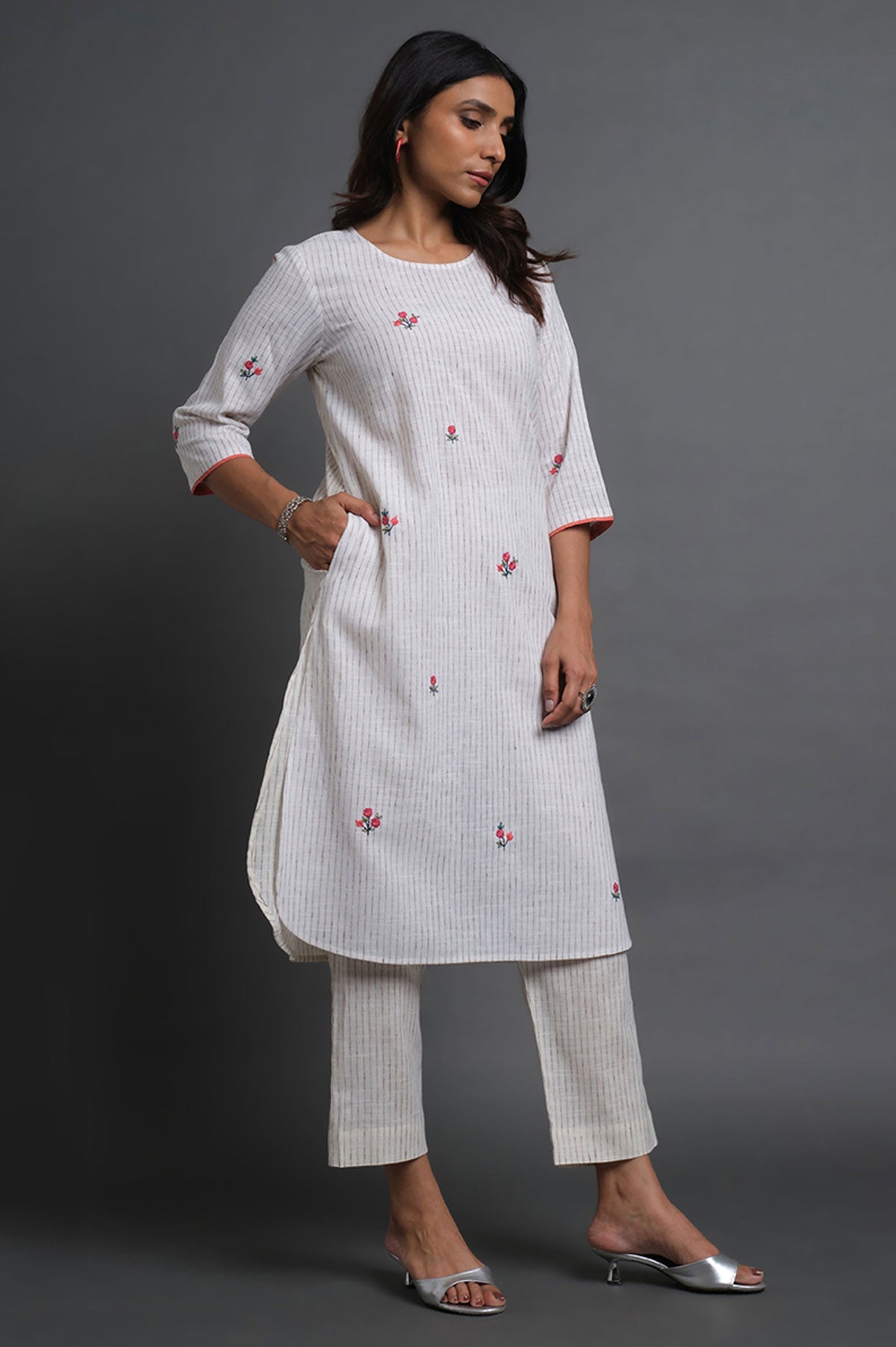 Handloom Stripes Embroidered Kurta - Cyan India