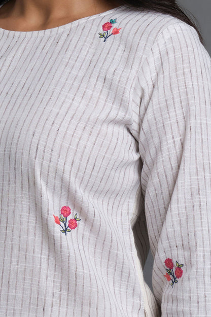 Handloom Stripes Embroidered Kurta - Cyan India