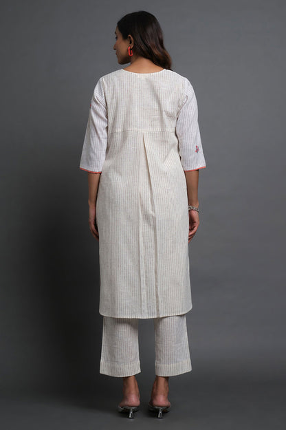Handloom Stripes Embroidered Kurta - Cyan India