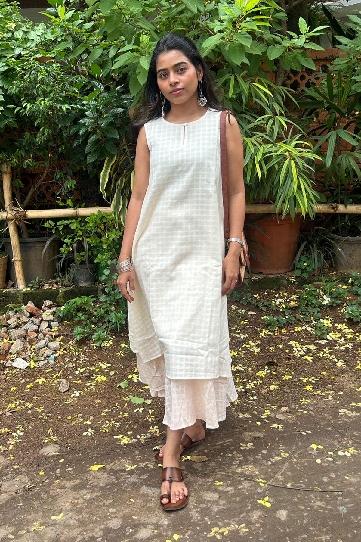 Peach-White Cotton Dobby Dress