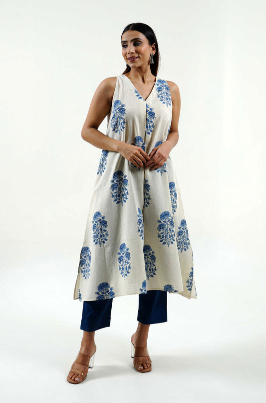 Indigo Floral Block Print Kurta - Cyan India
