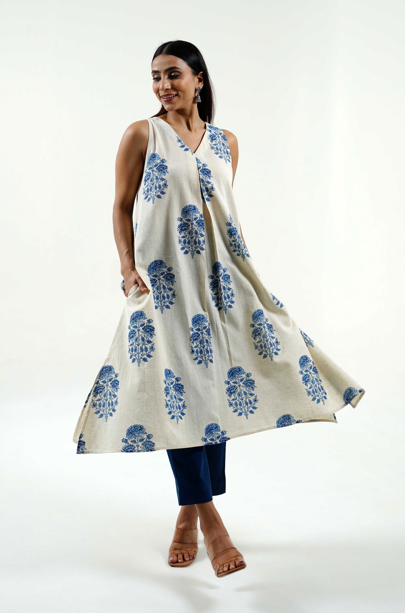 Indigo Floral Block Print Kurta - Cyan India
